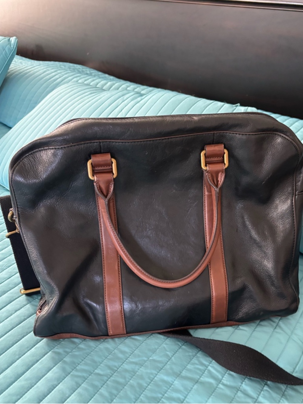 Fossil Black Leather Laptop Bag with Brown Trim